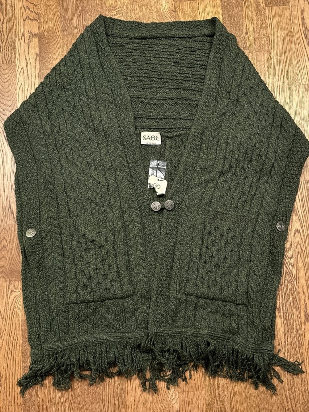 NWT Saol Ireland Merino Wool Pocket Shawl Knit Fringe Cardigan Poncho Womens OS